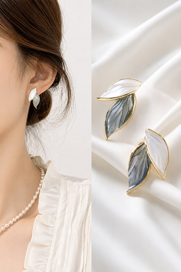 Blue-White Leaf Earrings Detailed Women's Earrings