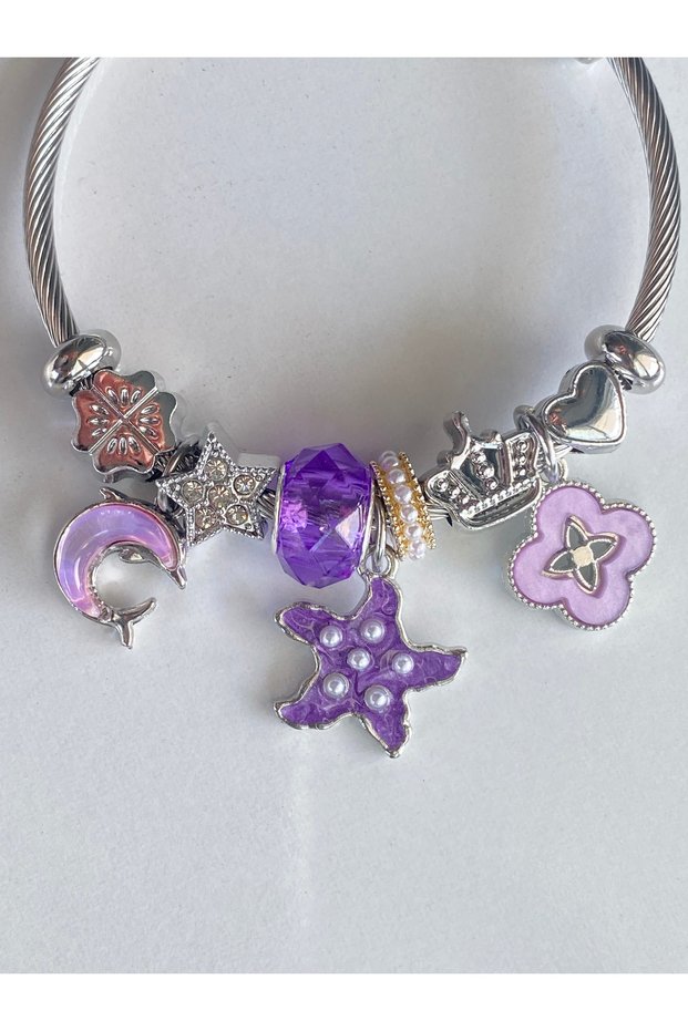 Steel Bracelet with Clover and Fish Details, Starfish and Amethyst Color Beads, and a Variety of Charms