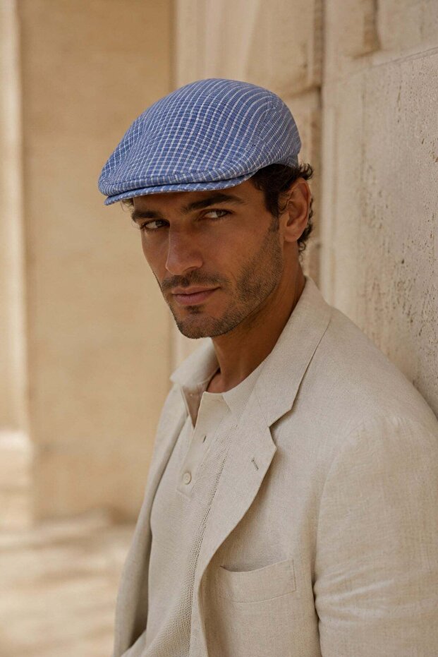 Capri Navy Linen Textured Slim Fit Kasket – Flat Cap | Riviera Collection