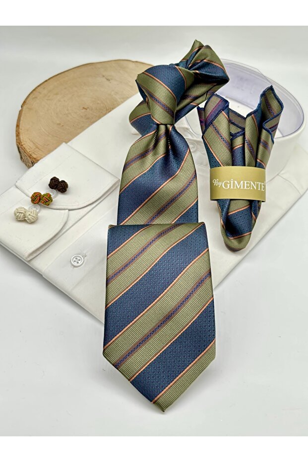 Khaki Navy Blue Striped Classic Tie with Handkerchief