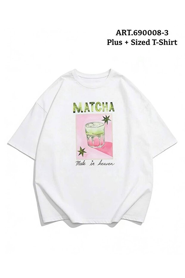 تي شيرت أبيض كبير الحجم مطبوع عليه Matcha للجنسين، تي شيرت يومي مريح ذو قصة أساسية