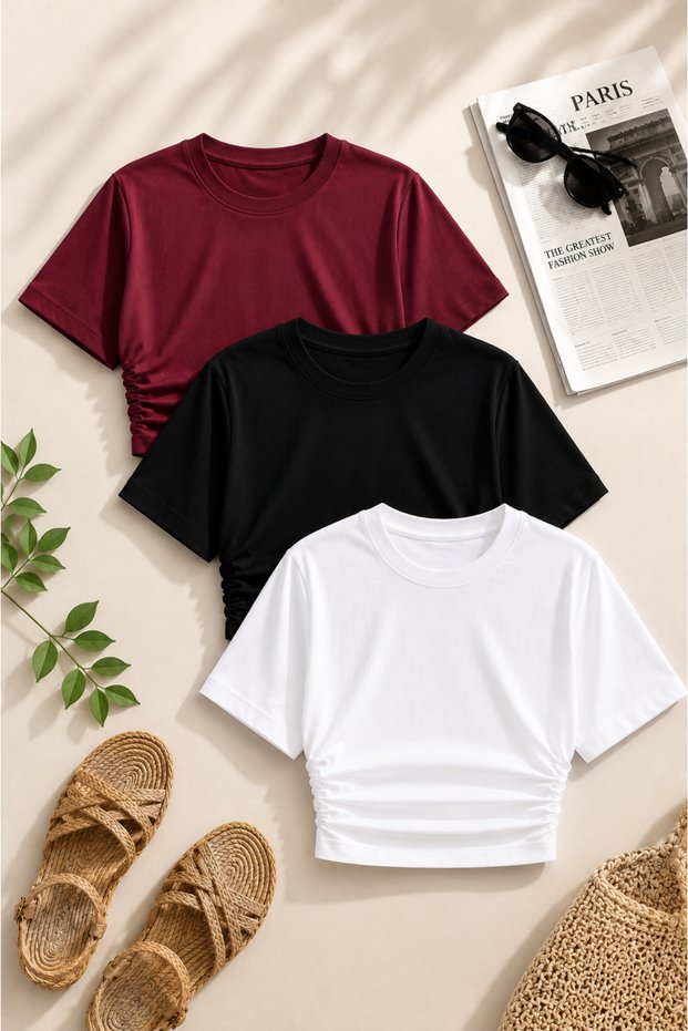 Women's 3-Piece Crop T-Shirt Set Black White Burgundy Crew Neck Short Sleeve Basic Cotton Casual Combination