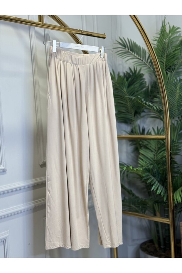 26089 Wide Leg Pleated Trousers Beige