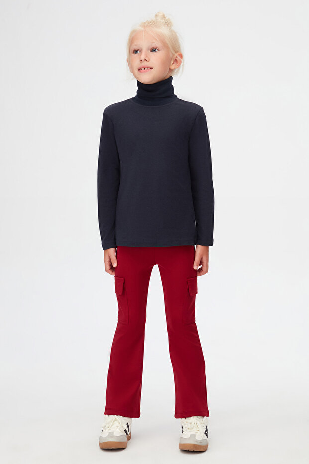 Dark Navy Blue Girls' Full Fisherman Winter Basic T-Shirt