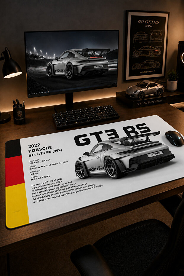 Back 911 Gt3 Rs White 40X90Cm Gaming Player XL Large Size Non-Slip Base Stitched Edge Mousepad