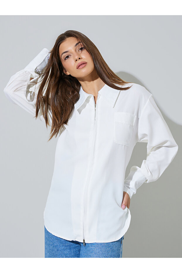 White Zip-Up Longline Shirt