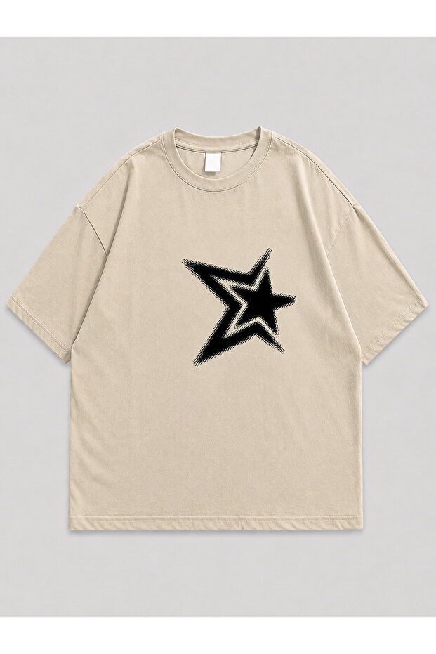 Unisex Y2K Star Printed Oversized T-Shirt Beige