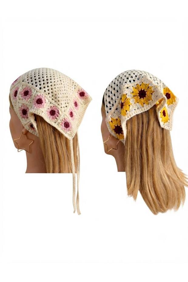 2-Piece Combination Yellow Daisy Knitted Bohemian Bandana and Yellow Floral Bandana