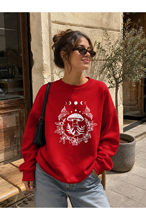 Mushroom and Moon Printed Crew Neck Sweatshirt