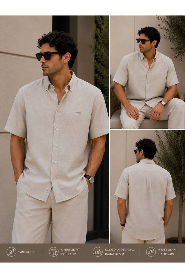 Men's 100% Linen Shirt Oversize Comfortable Fit Short Sleeve Summer Breathable Lightweight Shirt