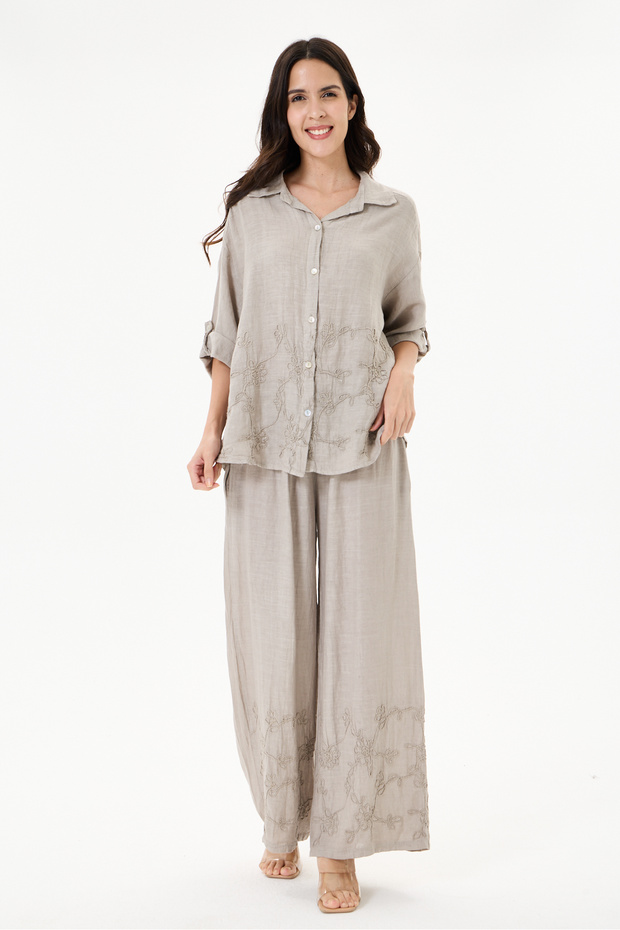 Women's Mink Italian 100% Linen Floral Embroidered Trousers - Linen Suit with Shirt Size 40 - 44