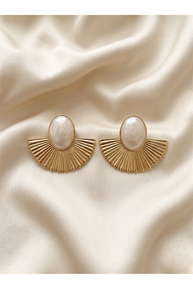 White Pearl Look Gold Color Fan Earrings