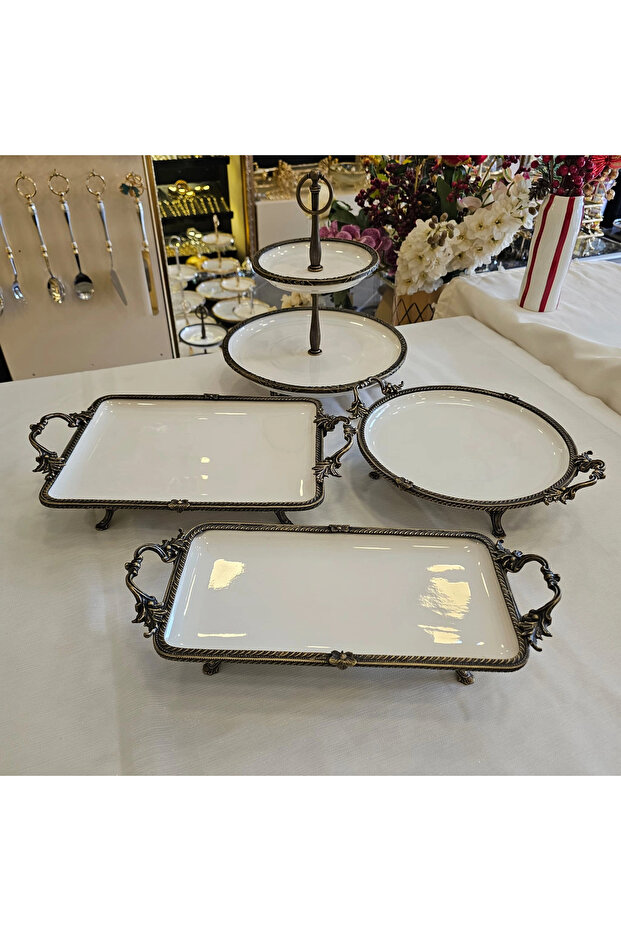 Cast Iron Edged Frame Porcelain Presentation Set with Stands Antique 4 Pieces