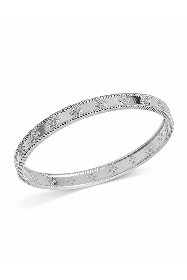 Silver Color Brass Clover Model Zircon Stone Women's Cuff Bracelet