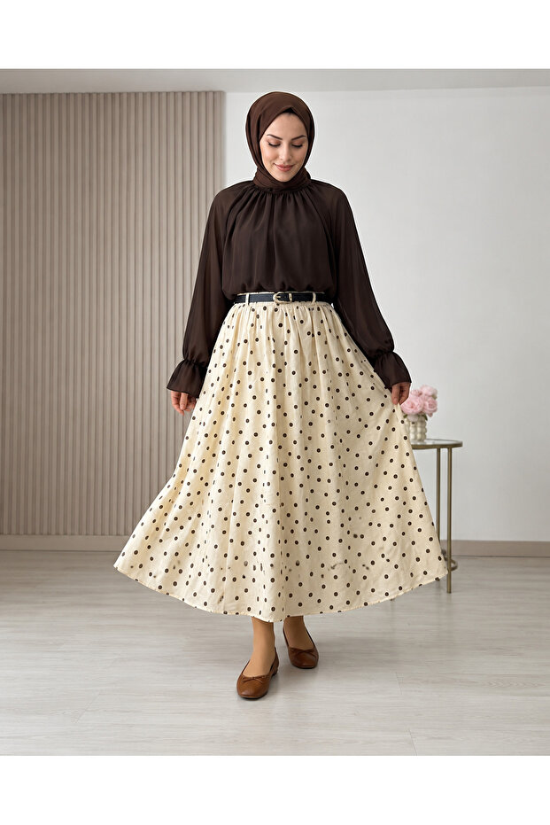 Belt Detail Polka Dot Skirt-Stone