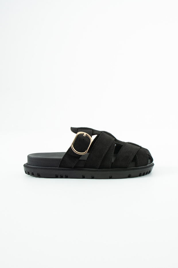 Bersh Closed Front Suede Fusfed Sole Gold Detailed Buckle Bodrum Flat Slippers