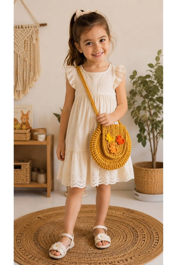 Hand Knitted Butterfly Detailed Cotton Macrame Children's Shoulder Bag