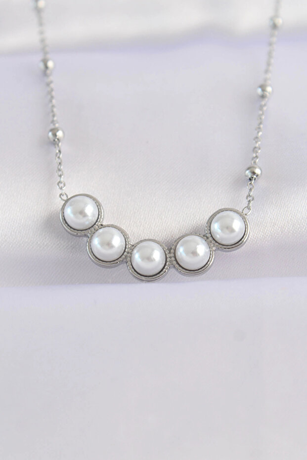 316L Steel Chain Silver Color Row Pearl Stone Necklace