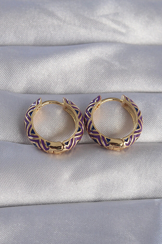 Brass Gold Color Purple Ethnic Patterned Hoop Earrings