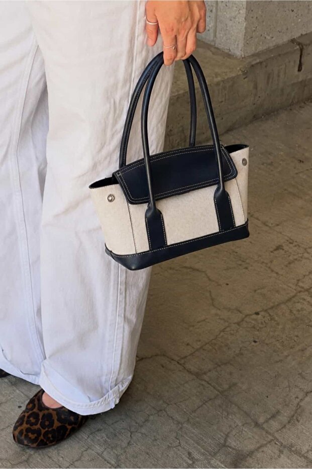 Maris Leather Detailed Canvas Shoulder and Hand Bag - Black