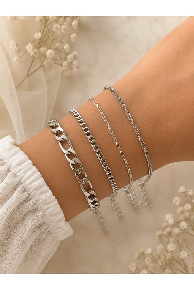 Steel 4-Piece Women's / Men's Bracelet Combination Silver Color