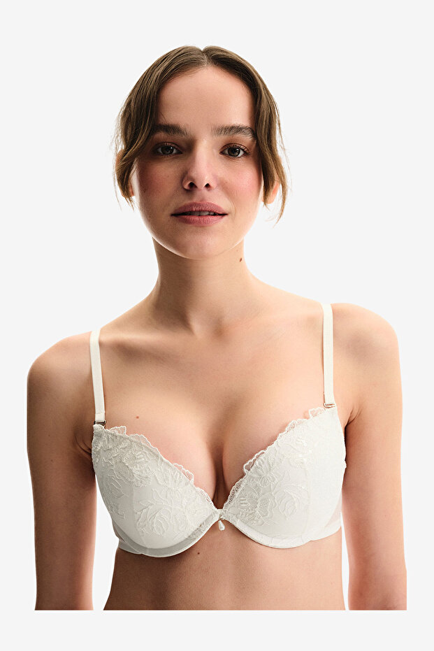 Women Super Push Up Broidery White Wired Padded Bra