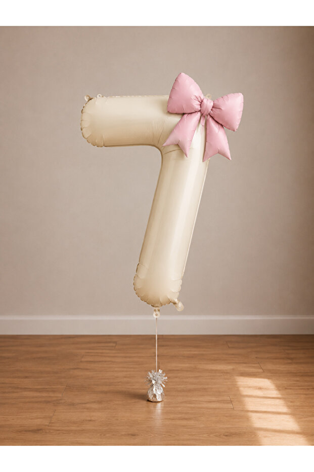 -7- Age Beige Number Powder Pink Bow Foil Balloon Set