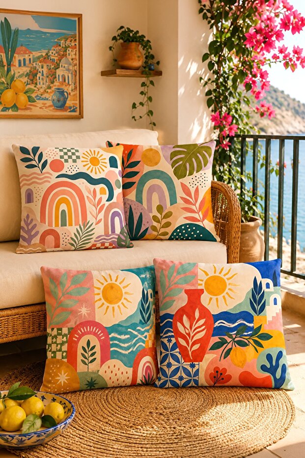 Abstract Sun and Rainbow Pattern 4-Piece Throw Pillow Cover Set
