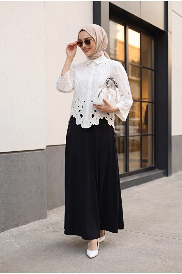 Wide Sleeve Embroidered Buttoned Linen Shirt -White