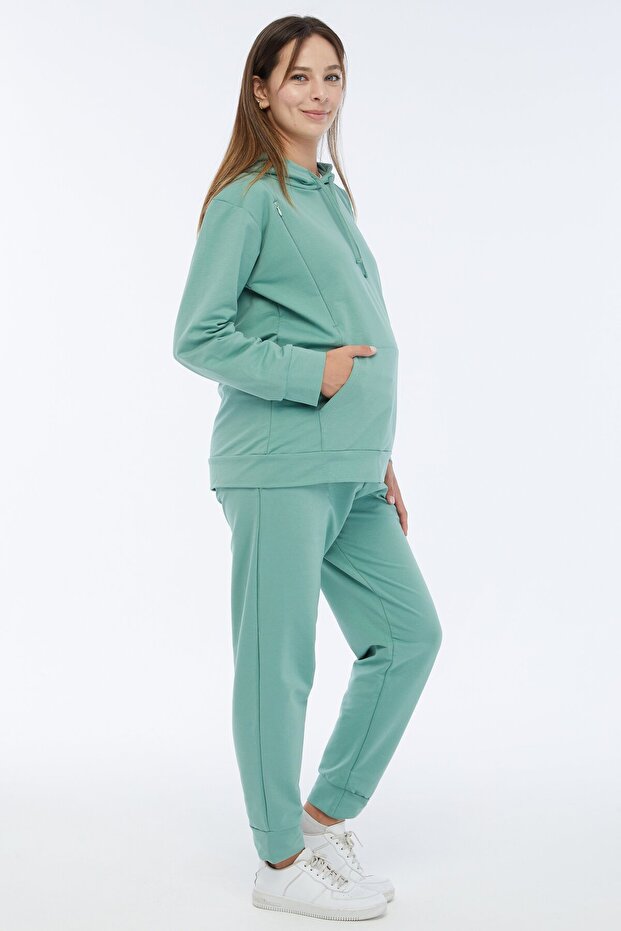 Pregnant Women's Cotton Hooded Maternity Tracksuit Set Water Green-26202