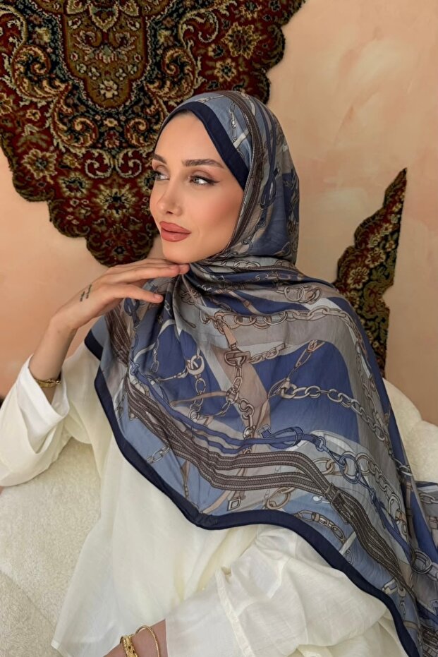Navy Blue Smoked Patterned Silk Shawl