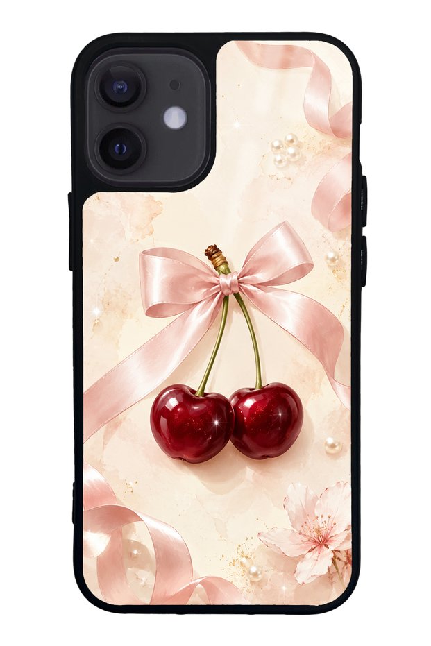 حافظة هاتف آيفون 12 ميني لامعة بتصميم شريط لؤلؤي بلون الكرز