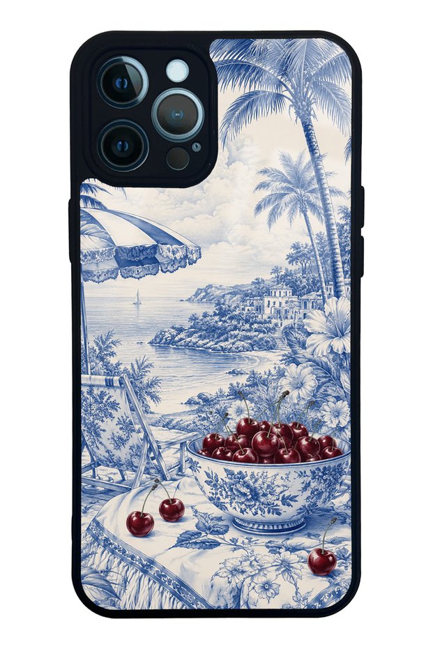 iPhone 12 Pro Max Blue Porcelain Cherry Coast Design Glossy Phone Case