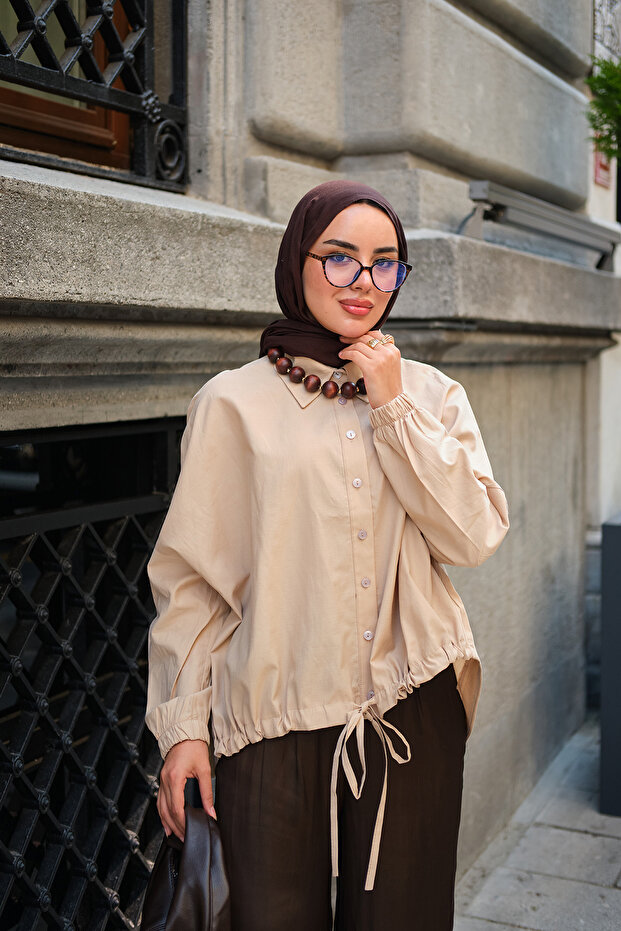 Women's Ankle Elasticized Front Lace Detail Shirt Mink