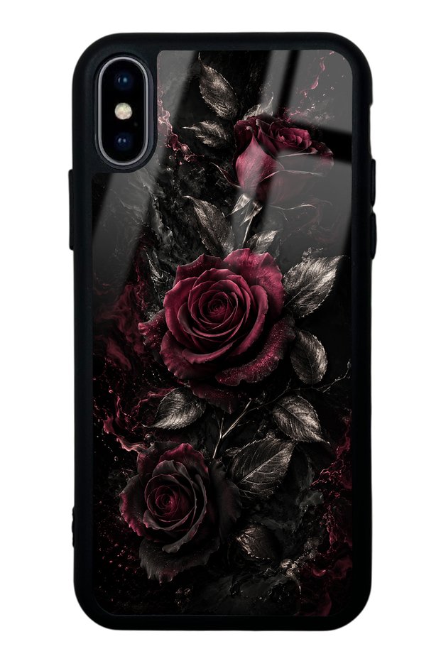 iPhone X Obsidian Burgundy Roses Design Glossy Phone Case