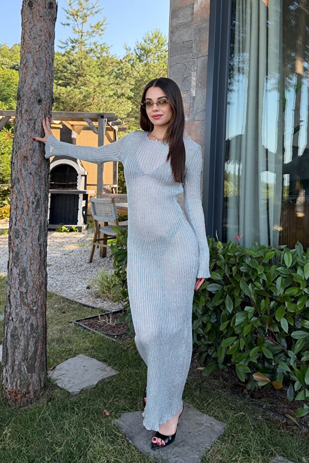 Silver Shiny Knitted Beach Dress - 7778