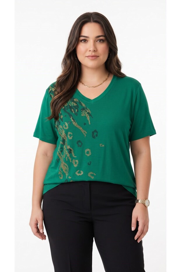 Women's Plus Size Short Sleeve V-Neck Stone Printed Viscose Blouse 2042-26