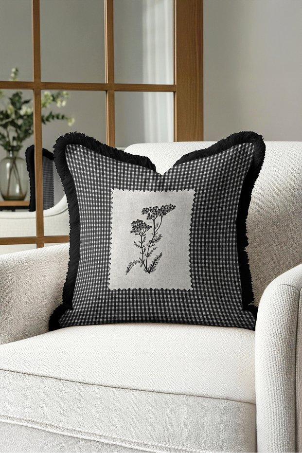 Elegant Fringed Pillowcase with Plaid Floral Motif - Botanical Country Ecru Black Tassel Throw Pillow Cover