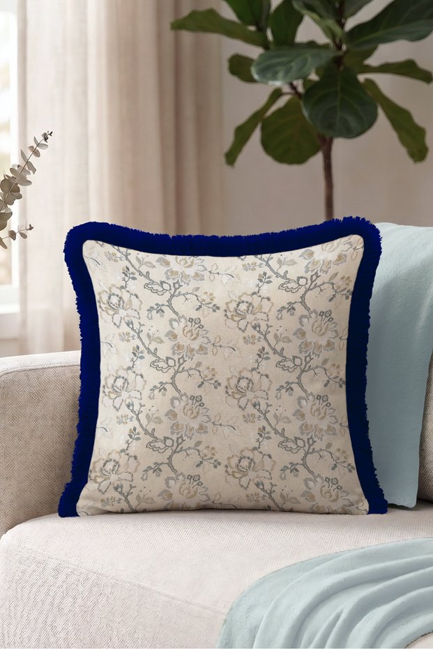Floral Classic Fringed Pillowcase - Shölen Bahar Country Cream Blue Navy Blue Tasseled Throw Pillow Cover