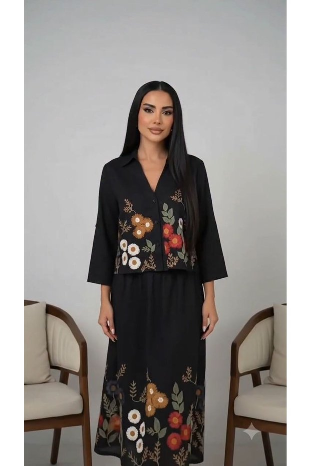 Asur Boutique Women's Cream Floral Embroidered Vest Skirt Set Bohemian V-Neck Woven 2-Piece Summer Set