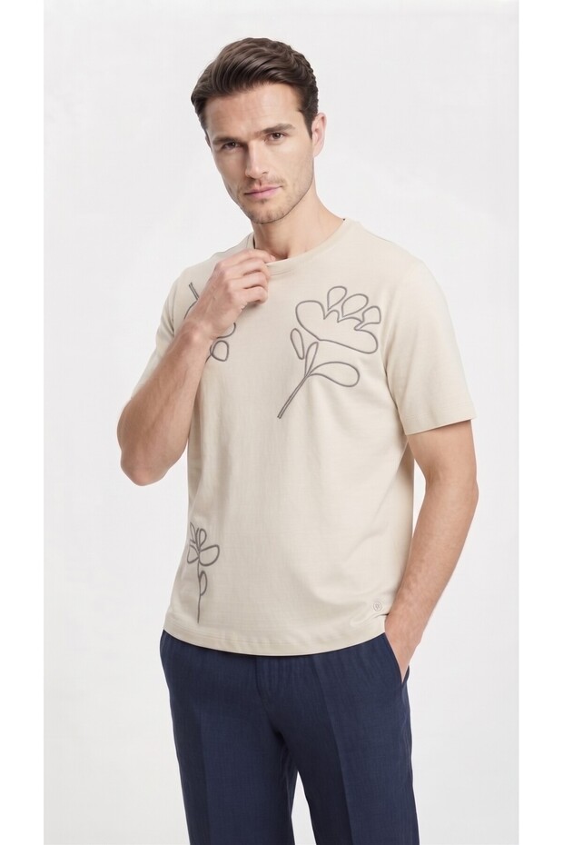Oversize Crew Neck Beige Embroidered Men's T-Shirt