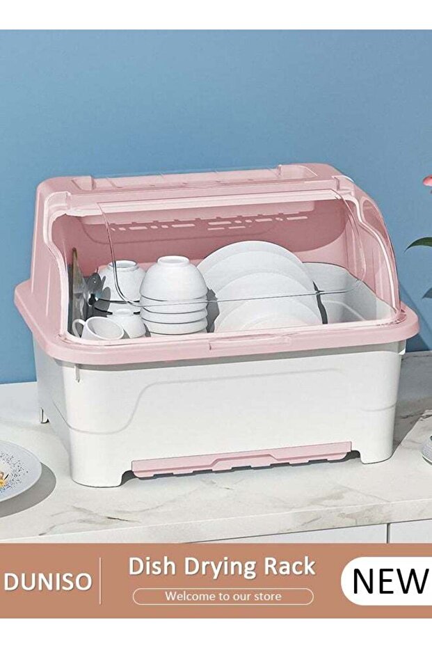 Dish Drying Rack with Lid, Large Dish Rack for Kitchen Cabinets, Plastic Dish Drainer with Drainboard Tray, Kitchen Plate Cup Tray Cutlery Drainer, Space Saving Kitchen Countertop Organizer