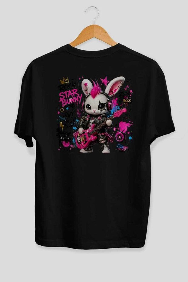 Rock Star Bunny Oversize Back Printed Black T-Shirt Unisex 100% Cotton Premium Design Streetwear