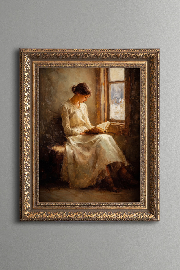 Woman Reading a Book by the Window - Vintage Patterned Painting - Thick Model