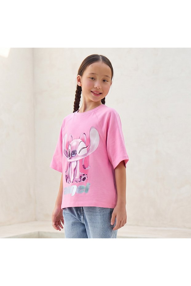 Crew Neck Short Raglan Sleeves T-shirt with Angel Foil Print