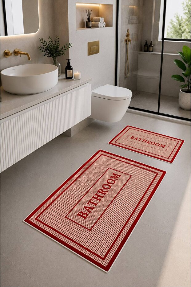 Bathroom Patterned Patterned 60 X 100 - 40 X 60 Non-Slip Base Washable Dust Stain Resistant Set of 2 Toilet Seat Bathroom Mat Set