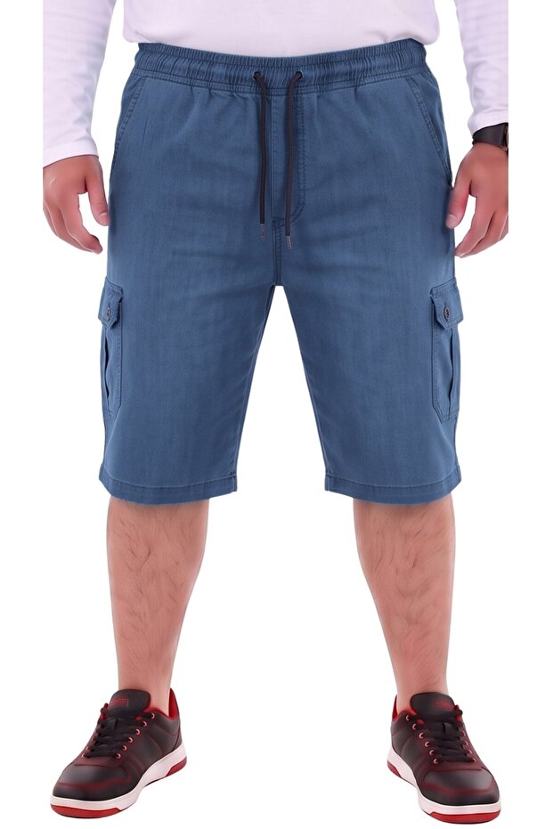 Men's Oversized Size, Suitable for Weight Range 115-176 Kg, Lycra Long Jeans with Cargo Pockets Below the Knee, Capri Blue