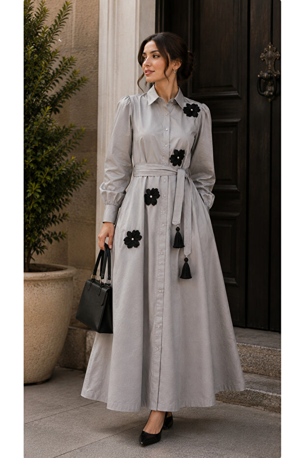 - Grey Belted Black Motif Maxi Dress