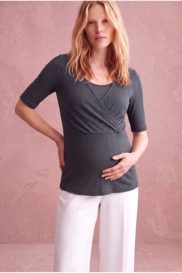 Maternity Indigo Blue Textured Viscose Double Breasted V-Neck Short Sleeve Inner Undershirt Breastfeeding Blouse Jimena