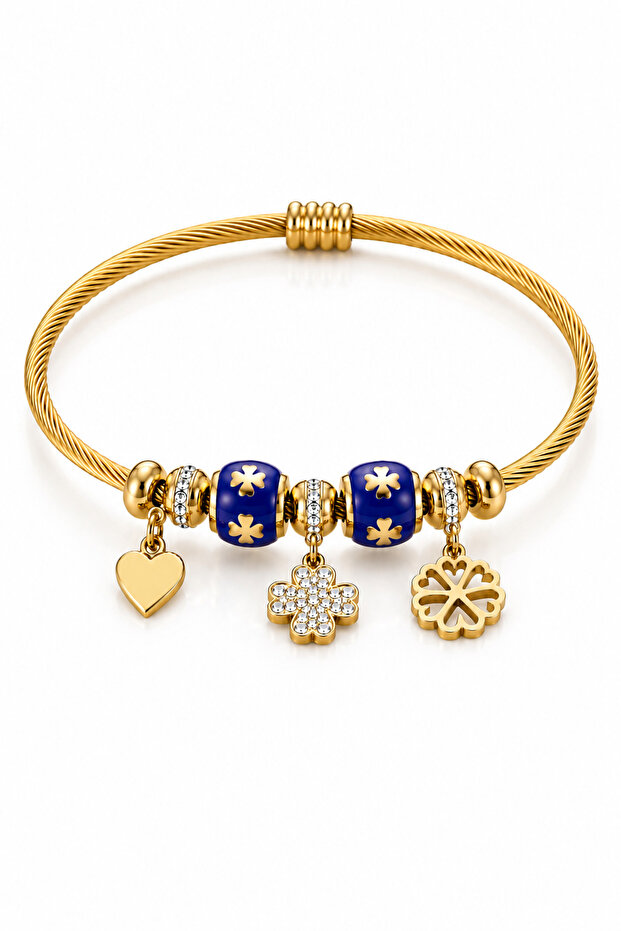 Royal Clover Heart Gold Charm Cable Bracelet